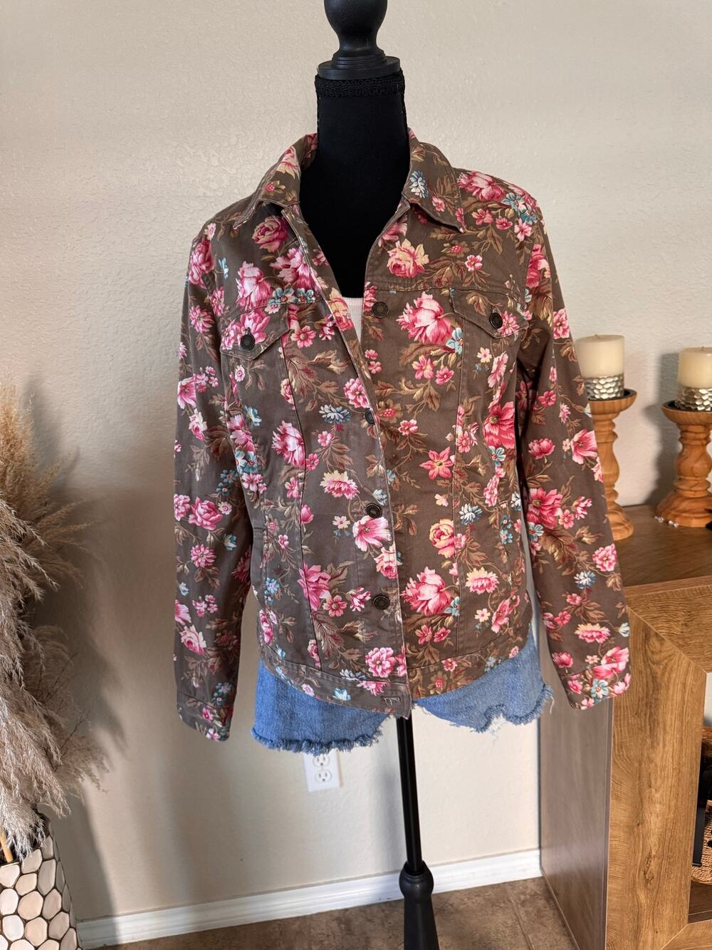 Charter Club Womens Floral Denim Trucker Jacket Large Brown Pink Stretch Cotton - Picture 1 of 8